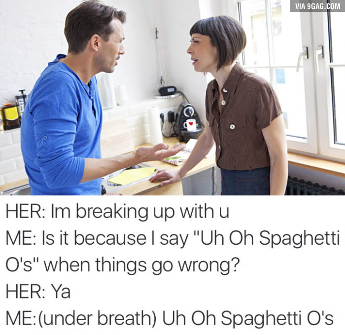 a woman getting mad at her spouse over spaghetti o's